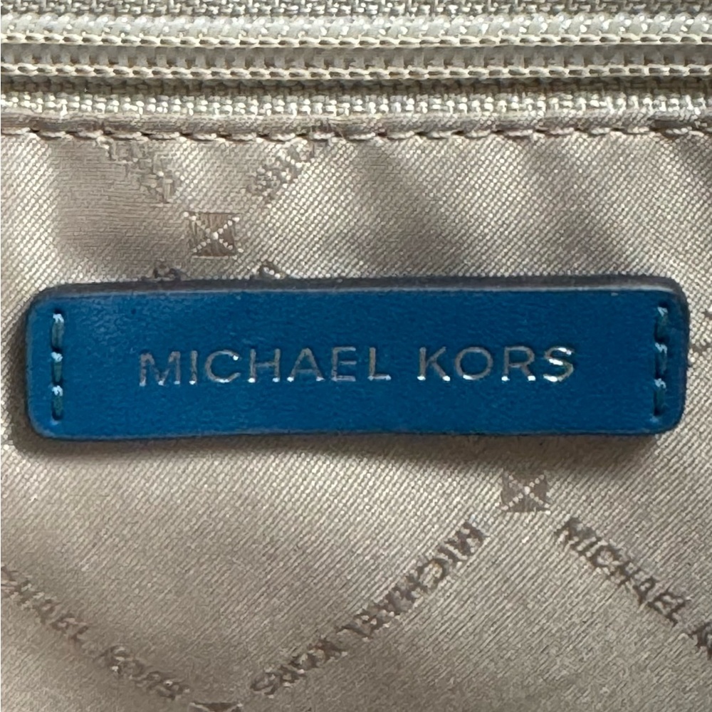 Michael Kors Kenly Brown Blue Lagoon MK Signature Large Tote Shoulder Bag Purse - Picture 13 of 14